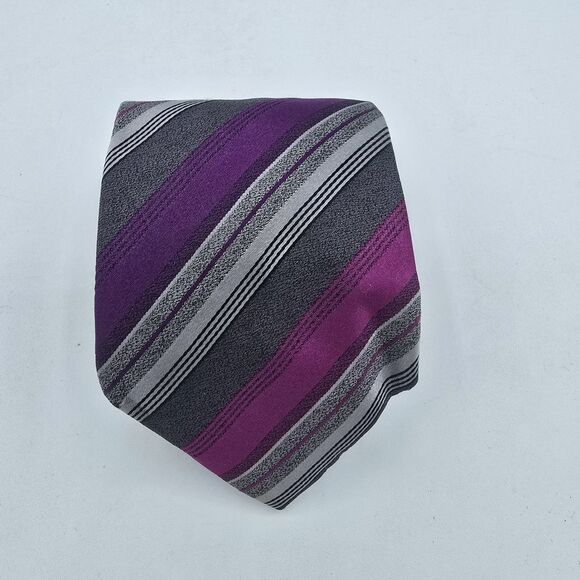 Mens Necktie Kenneth Cole 58 By 3.5 Inch Tie Silk Striped Purple Black Vintage - Picture 1 of 6